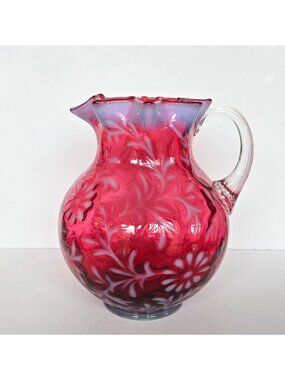 Fenton for LG Wright Daisy & Fern Pitcher, Shape 85, Cranberry Opalescent Glass
